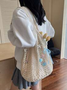 Large Capacity Bow & Ocean Element Decor Mesh Woven Tote Bag For Women, New Hollow Out Weaved Shoulder Handbag For Beach, Summer Vacation
