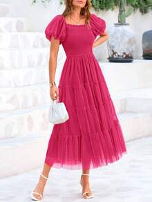 Women's  Summer Pleated Mid-Length Tulle Dress Puffy Short Sleeve Square Collar Ruffled Wedding Guest Graduation Party Dress - Màu Hồng Tươi - Xem 1