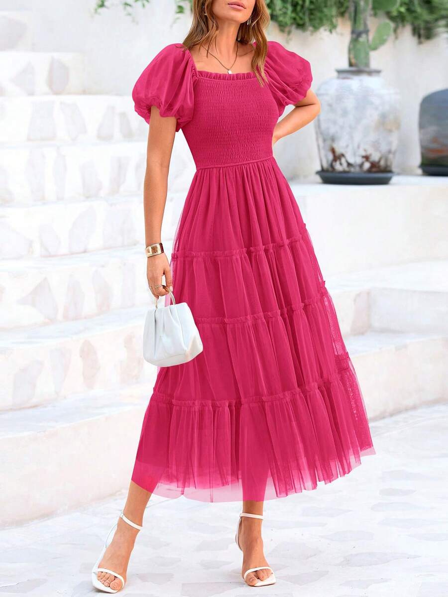 Women's Summer Pleated Mid-Length Tulle Dress Puffy Short Sleeve Square Collar Ruffled Wedding Guest Graduation Party Dress - Màu Hồng Tươi - Xem 1