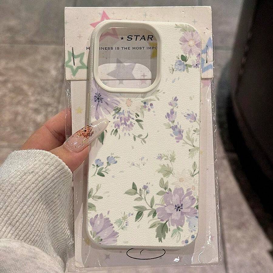 1pc TPU Material Elegant Purple Floral Pattern Phone Case Compatible With Iphone/ Smartphones - White - View 1