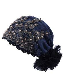 1 pieza Gorro casual con bordado de flor de ciruelo y decoración de cuentas, gorro para dormir - Sombrero con cuentas de flor de ciruelo - Ver 2
