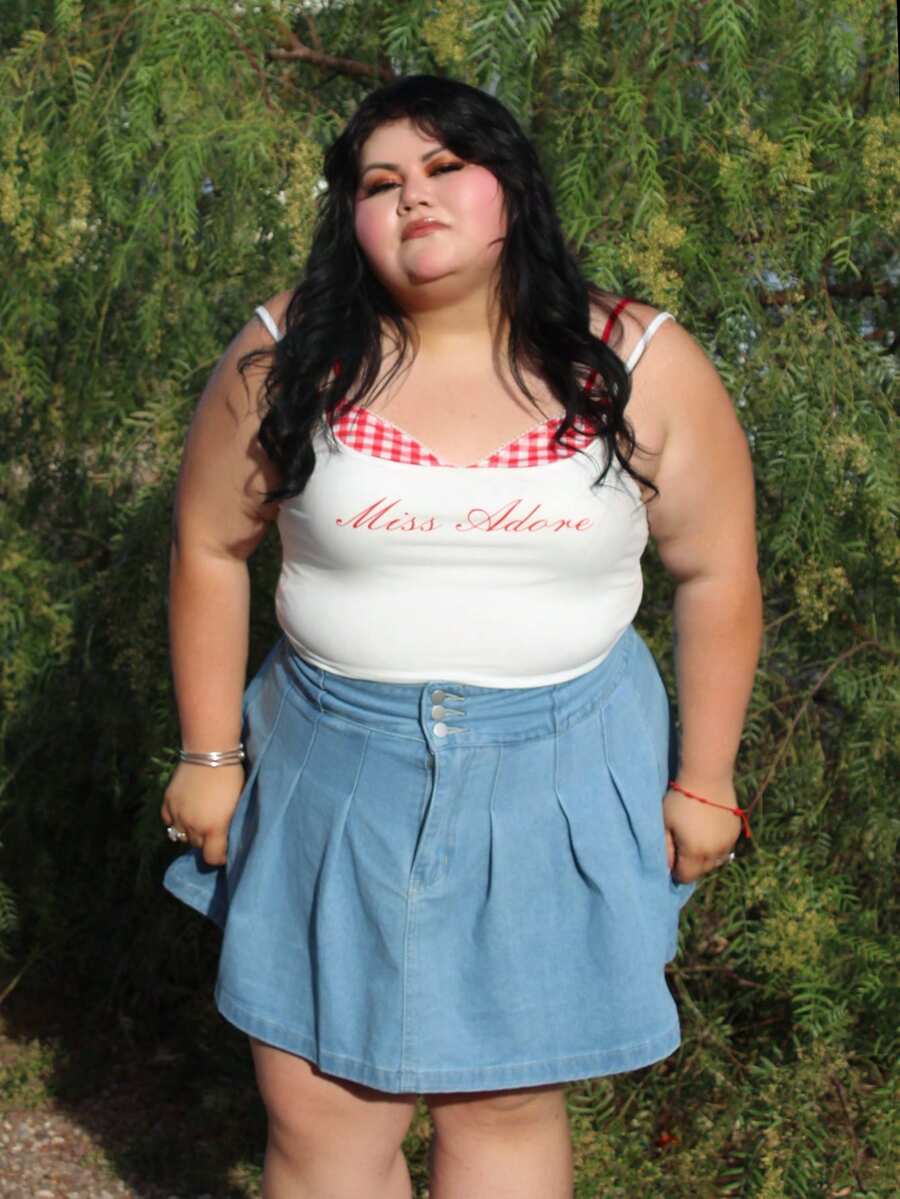 Karlangas.Toledo Plus Size Red Plaid Patchwork 2 In 1 Lapel Letter Print Cami Top, For Summer, For Apple Rounded Body Shape - Multicolor - View 1