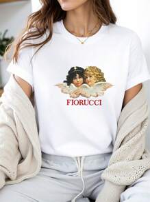 Maglietta casual da donna con grafica di angeli Fiorucci e cherubini alati vintage