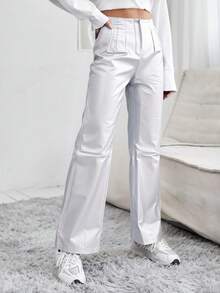 Pantalones anchos reflectantes de color liso para mujer, pantalones acampanados, elegantes, para fiestas, con cremallera y bolsillos con botones para uso diario. - Plateado - Ver 3