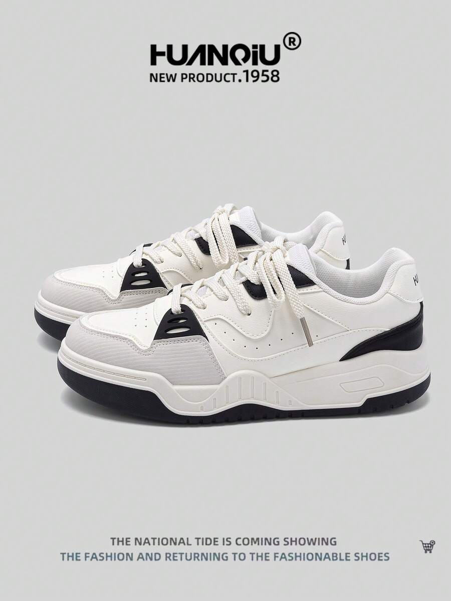 HUANQIU 2025新款男鞋男士运动鞋黑色鞋滑板鞋山水画时尚小白鞋泼墨画百搭轻便舒适小白鞋系带软底休闲鞋中国风跑鞋黑白四季鞋 - 黑與白 - 查看 1