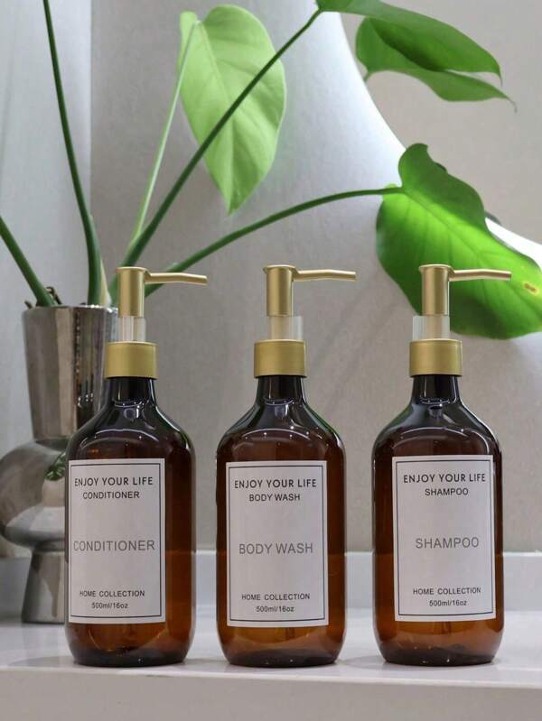1pc 500ml/16oz Brown Push-Type Lotion Dispenser Bottles, Shower Gel Shampoo Conditioner Plastic Empty Bottles With Waterproof Labels, Hand Soap Body Lotion Cosmetic Lotion Refillable Bottles, Bathroom Accessories. Back To School