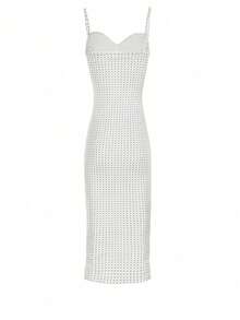 女士波尔卡圆点印花衬里优雅连衣裙，性感海滩度假夏季 - 白色 - 查看 7