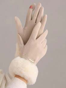 1 Pair Solid Color Elegant Casual Polyester Touchscreen Full Finger Gloves, Warm, Fashion, Suitable For Daily Wear, Cycling, Students, Plush Cuff, Women, Autumn/Winter