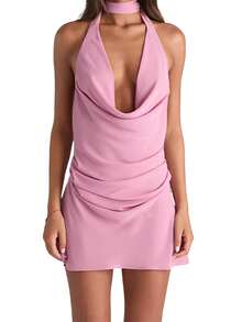Women's Summer V Neck Dress Sleeveless Solid Color Halter Neck Mini Tank Dresses - 粉色 - 查看 7