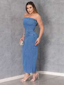 Women's Strapless Long Slit Denim Dress - 淺色水洗藍 - 查看 4