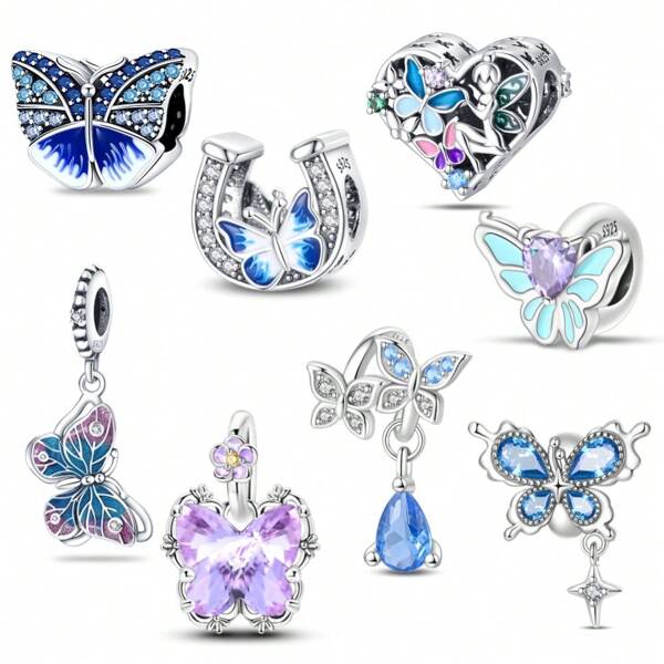 1 Piece 925 Sterling Silver Blue Butterfly Beads, Horseshoe Butterfly Beads, Wonderland Butterfly Garden Love Beads, Butterfly Fixed Clasp Beads, Zirconia Colorful Butterfly Dream Edge Bead Pendant, Suitable For Women's Bracelet DIY Jewelry Making Dating Gift Sweet Style Women's Jewelry