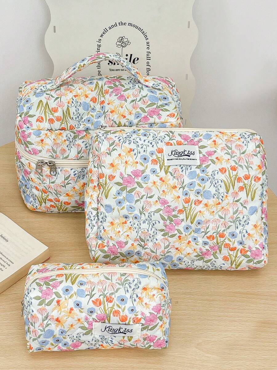 1个彩色花卉绗缝化妆包，多功能收纳袋，女孩化妆包，护肤可爱化妆包 - 彩色 - 查看 1