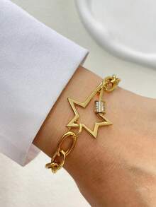 STYLEVER 1 PC Gold Five Pointed Starburst Bracelet, Set With Diamonds, Stainless Steel Chain, Suitable For Holiday Gifts, Exquisite Matching - Yellow Gold - View 6