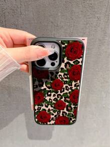 1 Stück Blumen Handyhülle mit Leopardenmuster, Grün Blätter & Rote Rose Grafik, matter TPU Schutzhülle, Sturzsicher kompatibel mit Apple/ Handy wie 16 Promax, 15Pro, 14plus, 13, 12promax, 11, S24 Ultra, S23 FE, S22, S21, S10, A54, A35, A14, A05S
