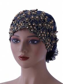 1 pieza Gorro casual con bordado de flor de ciruelo y decoración de cuentas, gorro para dormir - Sombrero con cuentas de flor de ciruelo - Ver 13