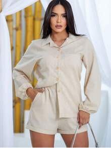 Simple Elegant Casual Linen Pocket Shirt Short Set Women Winter Summer - 白色 - 查看 2