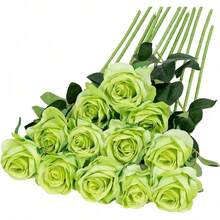 12 piezas de flores de seda artificial, rosas realistas con tallo largo para decoración del hogar, boda, fiesta (Blanco - 2) - Verde - Ver 1