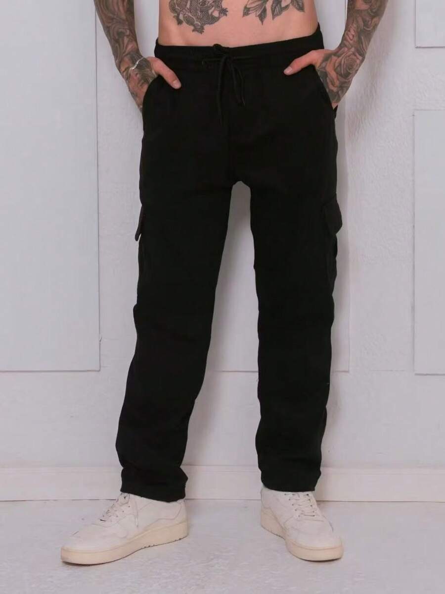 Men's Straight Leg Loose Cargo Pants, Casual Urban Style, Black With Multi-Pocket Design