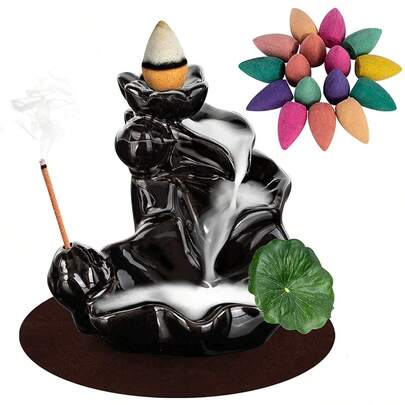 Waterfall Incense Holder Backflow Cone Ceramic Burner, Handcrafted Porcelain Censer With 20 Free Cones