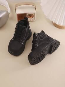 儿童靴子秋冬新款系带拉链款时尚大方轻便户外登山靴 - 黑色 - 查看 5