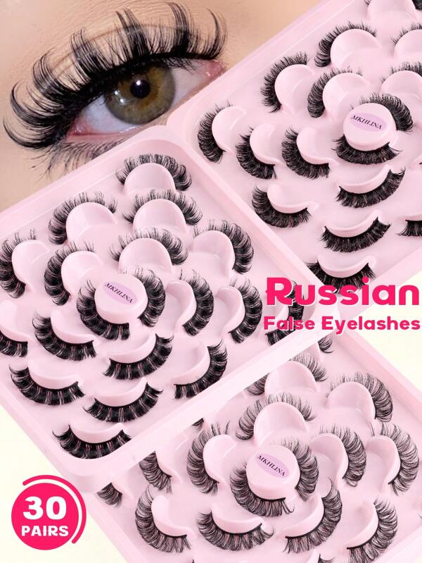 30 paires de 3 styles de faux cils russes en forme de D, cils dramatiques, volume croisé, naturel. Faux cils en poils de vison dramatiques et souples, croisés, effilochés, réutilisables. Parfaits pour un port quotidien, les carnavals, les fêtes, les festivals de musique, les mariages et plus encore.