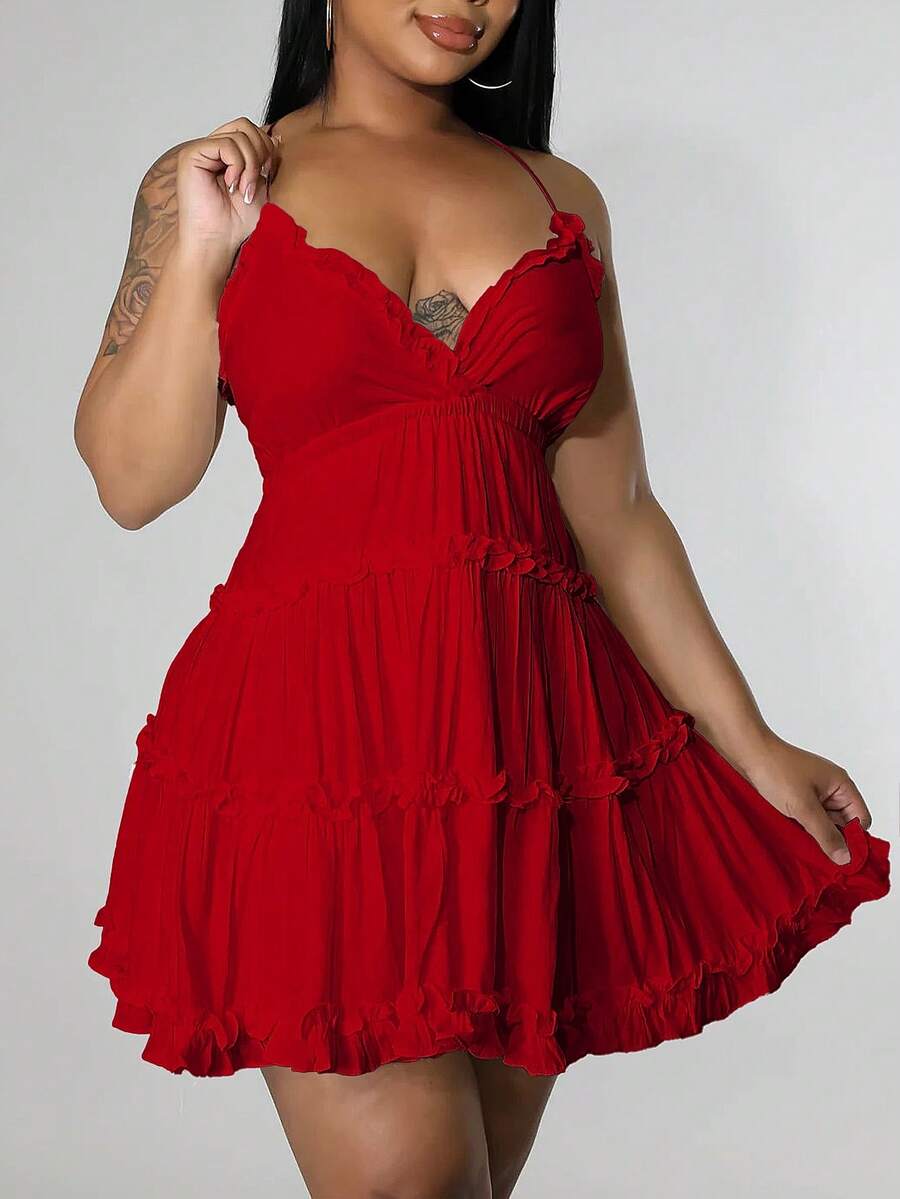 Women's Sexy Backless Sundress - V-Neck Slip Dress With Flutter Hem & Thin Straps, Minimalist Summer Dress For Beach & Date Nights - 紅色 - 查看 1