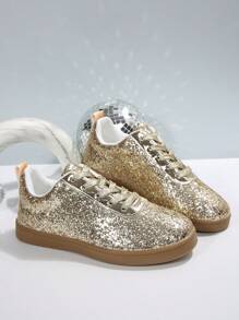 Nouvelles baskets casual pour femmes, chaussures de mode polyvalentes à bout rond pailleté avec lacets, plates et confortables pour femmes