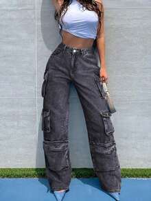 Y2K Streetwear Multi-Pocket Zipper Decor Wide Leg Jeans, Large Pockets Design, Casual Cargo Washed Denim Pants - Smoke Black - View 1