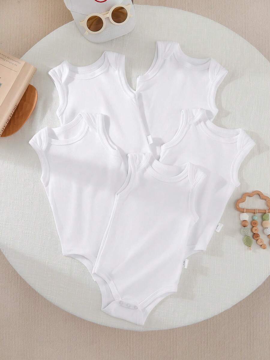 5pcs/Set Newborn Baby Cotton Soft Comfortable Sleeveless Bodysuit Set, Great For Home & Outdoor Use - White - View 1