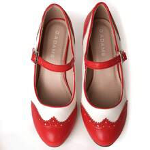 Women Mary Jane Pumps – Round Toe Retro Low Kitten Heels With Ankle Strap & Memory Foam Insole, Vintage 1950s Cone Heel Dress Shoes For Weddings, Bridesmaids, Date Night, Parties & Business Casual [Size Up Half Size] - 紅色奶油色PU - 查看 3