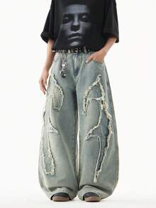 1 Quần Jeans Denim Ống Rộng Phong Cách Mỹ Cổ Điển, Thêu Vá, Viền Xỉn, Dáng Rộng, Thường Ngày, Dành Cho Nam (Không Có Thắt Lưng & Phụ Kiện) - Màu xanh lam - Xem 4