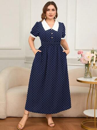 DEARCASE Vestido de manga corta con cuello a color block y estampado de lunares para tallas grandes