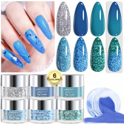 Juego de 6 colores de brillo plateados marinos en polvo para sumergir en uñas - de secado rápido sin necesidad de lámpara, para diseños azules de uñas, manicura en casa o salón, un regalo ideal para niñas y mujeres