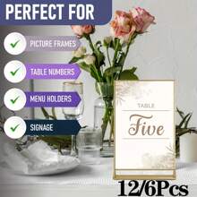 12pcs/6pcs Restaurant Menu Cards, Transparent Acrylic Wedding Table Number Holders, Photo Display Sign Stands With Gold Borders, Double-Sided Gold Frames - Suitable For Weddings, Rehearsal Dinners, Engagement Parties, Anniversaries, Birthdays, Bridal Showers, Graduations, Corporate Events Or Any Special Occasion!
