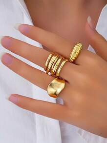 3 pièces Lot Élégant Rétro Ton Or Géométrique Anneaux - Larges Bandes Distinctives Et Conception Tressée Unique, Idéal Pour Le Port Quotidien, Les Fêtes, Les Anniversaires, Noël, La Saint-Valentin, Cadeaux D'accessoires Brillants