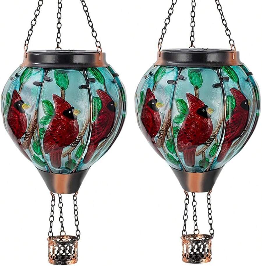 Starsoul Hot Balloon Solar Lantern With Flower Projection Metal Outdoor Waterproof Hot Balloon Solar Lights Hanging Lantern For Garden Yard Patio Decor - 紅衣主教-B-2pc - 查看 1