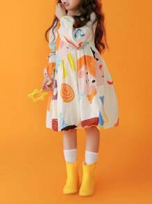 Loose A-Line Long Sleeve Knee-Length Dress, Casual For Gaming And Vacation, Featuring Random Cartoon Prints, Cute Princess Dress, Suitable For Young Girls, Fashionable Design With Vibrant Colors
