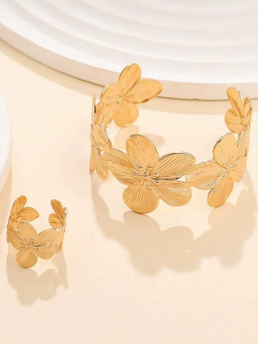 1 Set Flower Openwork Bracelet & Ring Jewelry For Women, Valentine's Day Gift - flower pattern - View 1
