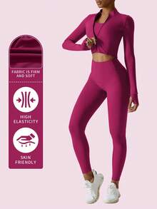 MFVIM Women's Criss Cross Tank Top & High Waist Leggings & Zip Up Jacket Tracksuits Set, Comfy Three Pieces Set For Yoga Gym Running, Athletic Wear, Ladies Sportswear For All Seasons, Activewear, Gym Clothes Women, Workout Sets Women, Legging Fitness, Yoga Pants - 玫瑰紅 - 查看 4