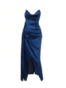 Vestido de mujer WOWDARK con escote profundo en V, cintura con lazo y abertura alta, para otoño, fiesta, gala, formal, invitada de boda