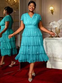 女式蛋糕连衣裙 褶皱 V 领高腰闪亮带衬里派对活动加大码女士礼服