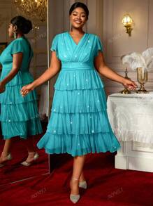 Women Cake Dresses Pleated V Neck High Waist Shiny With Lining Party Event Plus Size Ladies Gowns