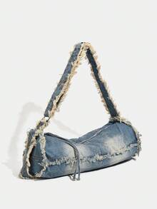 Y2K Distressed Denim Print Underarm Bag, Large-Capacity Tassel-Decorated Baguette Bag, Retro Casual Shoulder Bag, Street-Style Women's Niche Design Handbag, Suitable For Daily Campus Life, Weekend Shopping, Dating Parties - Multicolor - View 14