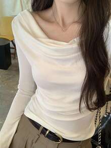 Elegant Off-Shoulder Loose Collar Long Sleeve T-Shirt For Women, Slim Fit, New Arrival Early Autumn Korean Style