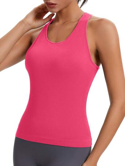 Seamless Workout Tops For Women With Built In Bra Athletic Tank Tops Yoga Runnning Workout Shirts Slim Fit