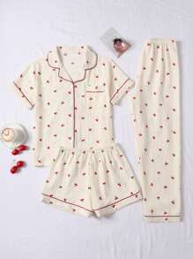 3pcs/Set Bubble Textured Cherry Print Sleepwear Set For Women - Short Sleeve Button Collar Top And Shorts And Pants