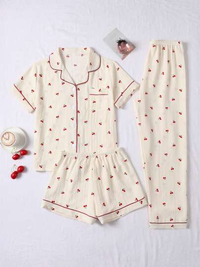 Bubble Textured Cherry Print Sleepwear Set Women Short Sleeve Button Collar Top Shorts Pants