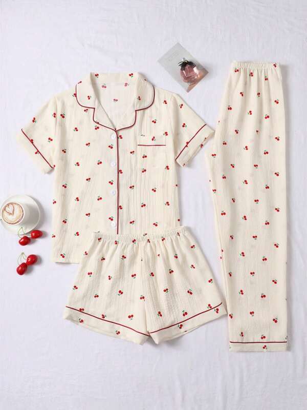 3pcs/Set Bubble Textured Cherry Print Sleepwear Set For Women - Short Sleeve Button Collar Top And Shorts And Pants