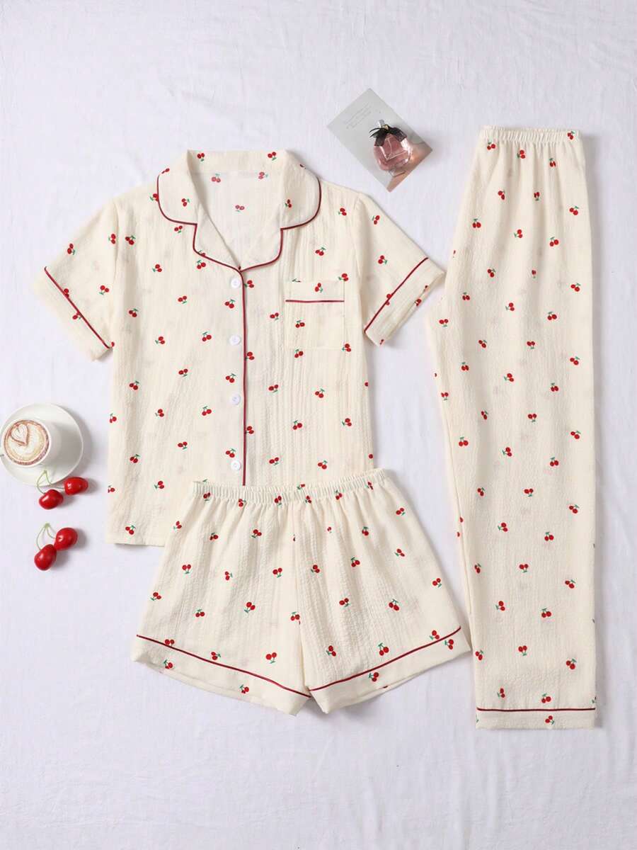 3pcs/Set Bubble Textured Cherry Print Sleepwear Set For Women - Short Sleeve Button Collar Top And Shorts And Pants