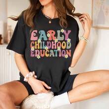 Funny Shirts Teacher Early Childhood Education Preschool Head Start Crew T-Shirt Summer Tops For Women 2025,Casual Short Sleeve Shirt - Black - View 1